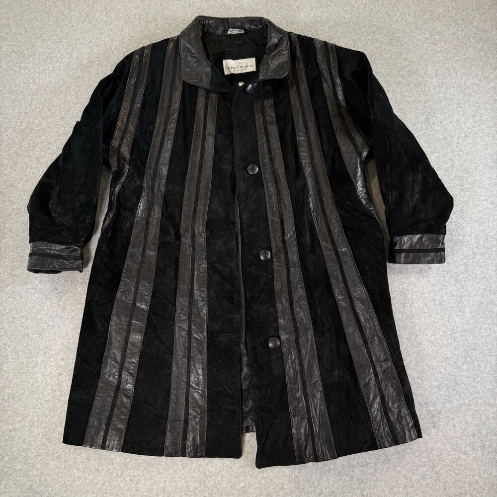 VTG A Pro Peaux Haute Couture Black Stripe Leather Coat Jacket Suede S 80s 90s